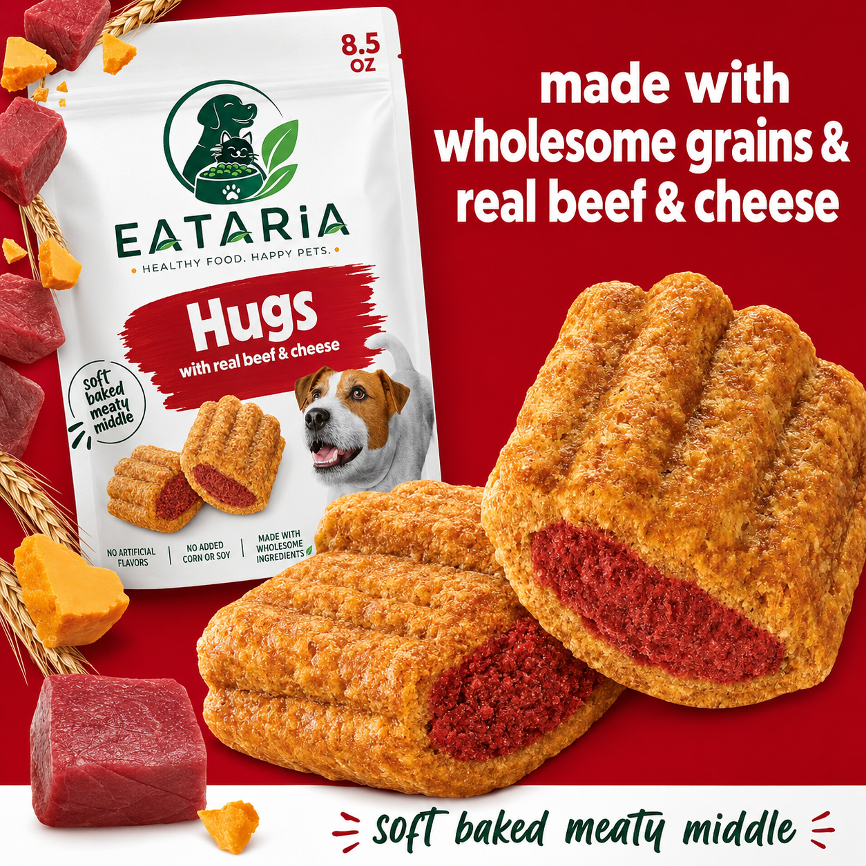 Eataria Baked Delights Hugs Dog Treats – Real Beef & Cheese Soft-Baked Snacks